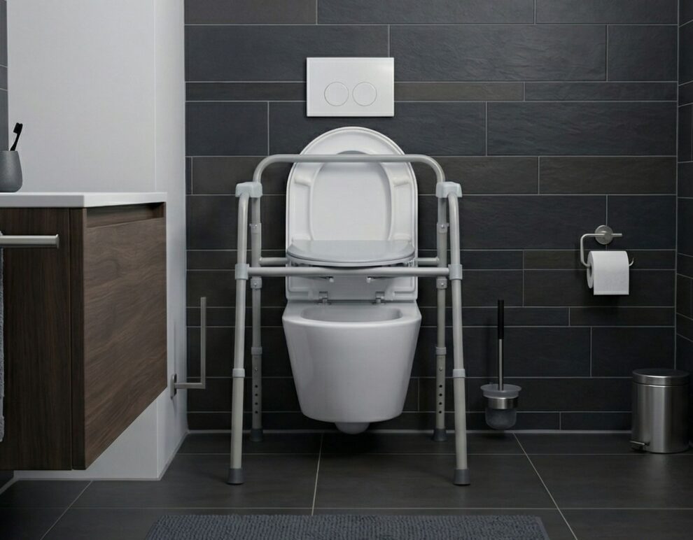 3 en 1 : chaise percée, rehausseur WC et cadre d'appui
