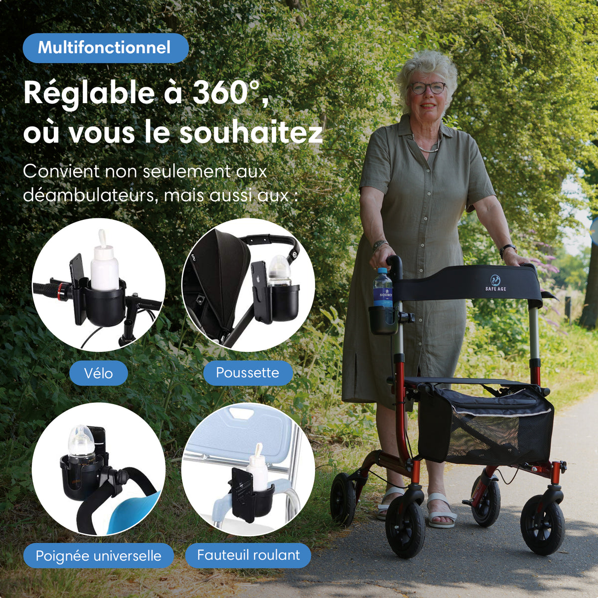 Porte-gobelet et porte-téléphone – pour rollator, fauteuil roulant, chariot, poussette & plus
