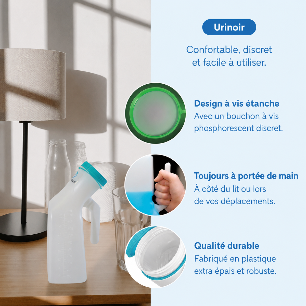 Urinal pour homme – avec poignée & bouchon à vis - bouteille urinaire