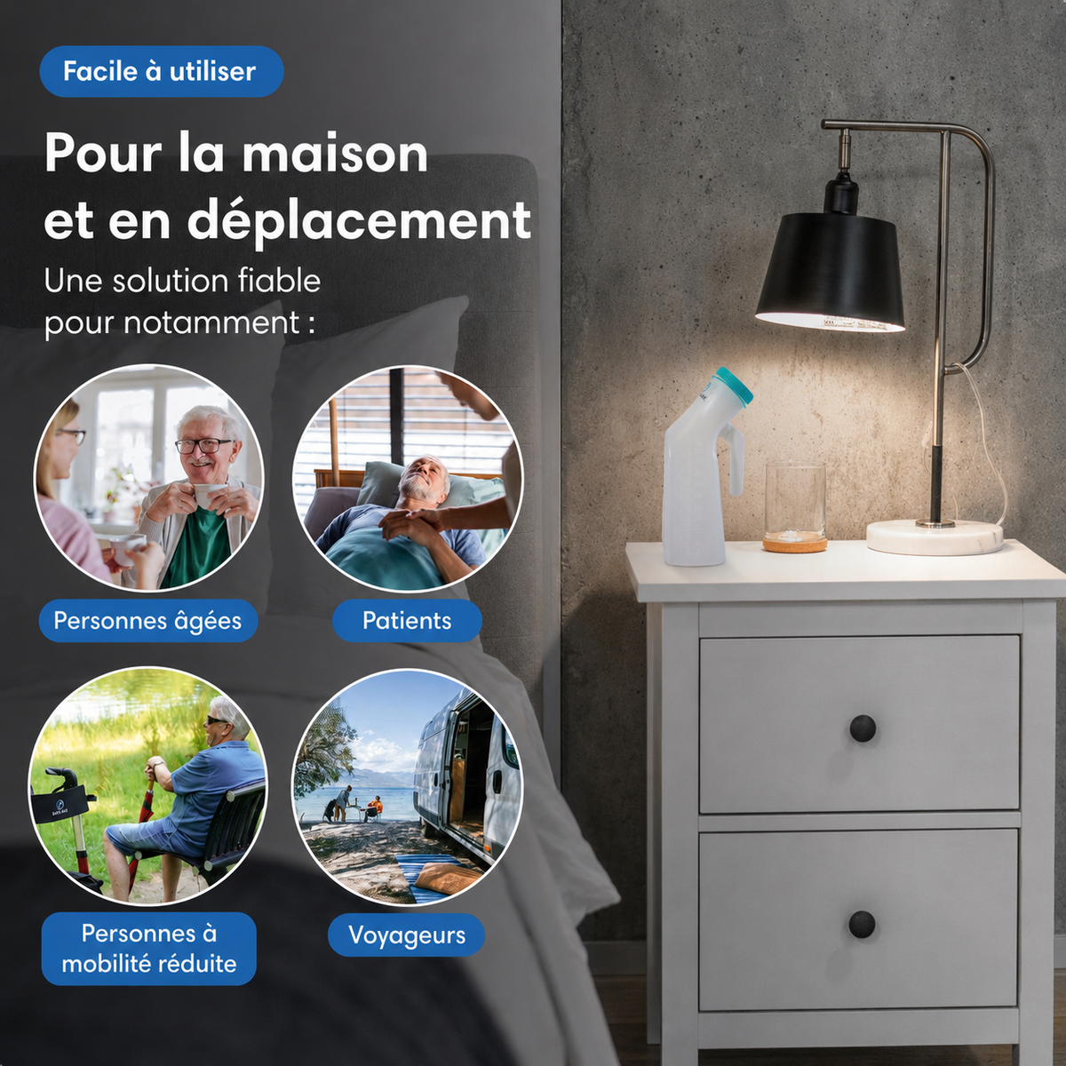 Urinal pour homme – avec poignée & bouchon à vis - bouteille urinaire