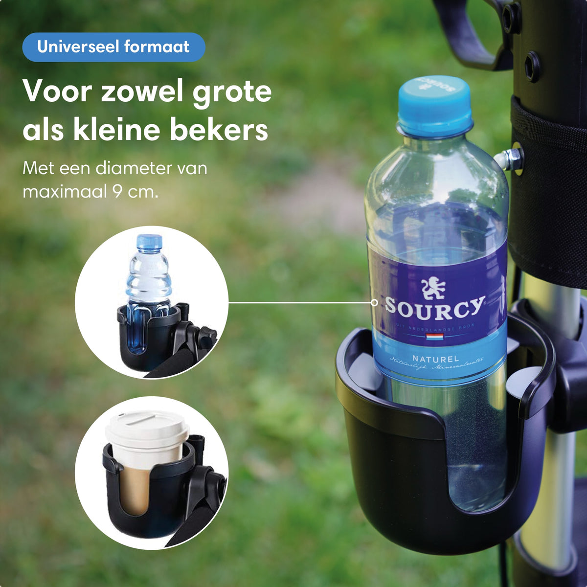 Beker en Telefoonhouder – voor rollator, rolstoel, trolley, kinderwagen & meer