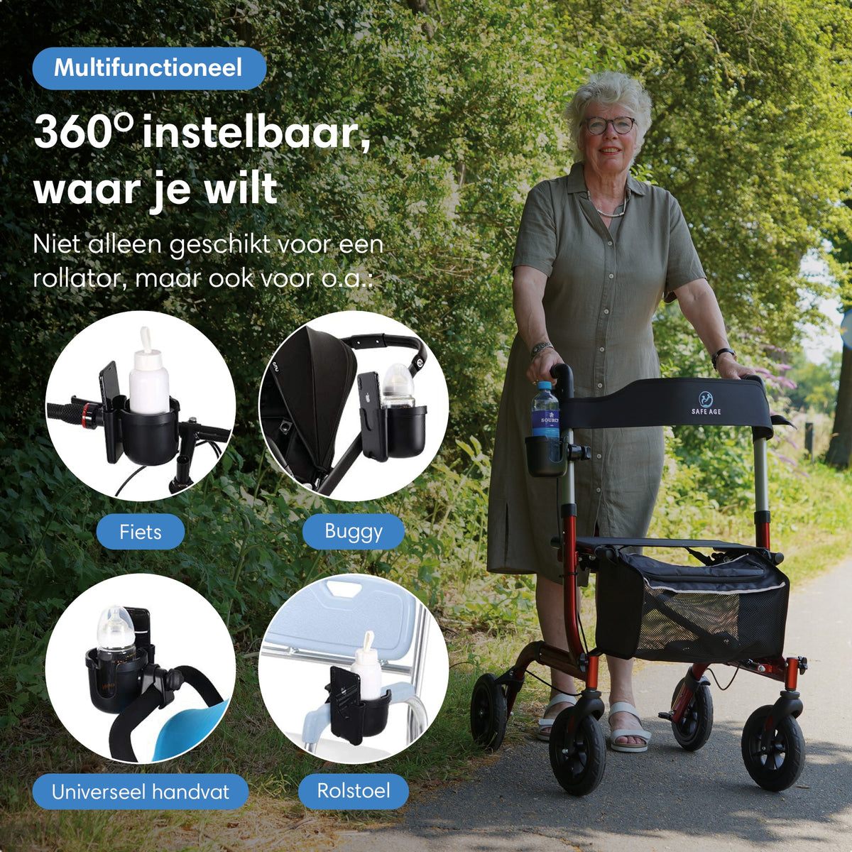Beker en Telefoonhouder – voor rollator, rolstoel, trolley, kinderwagen & meer