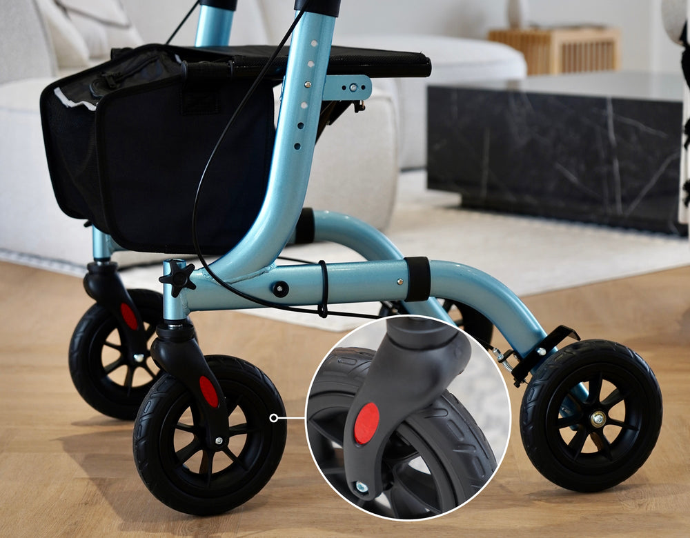 Roues en caoutchouc amortissantes pivotant à 360° (pas de plastique !)