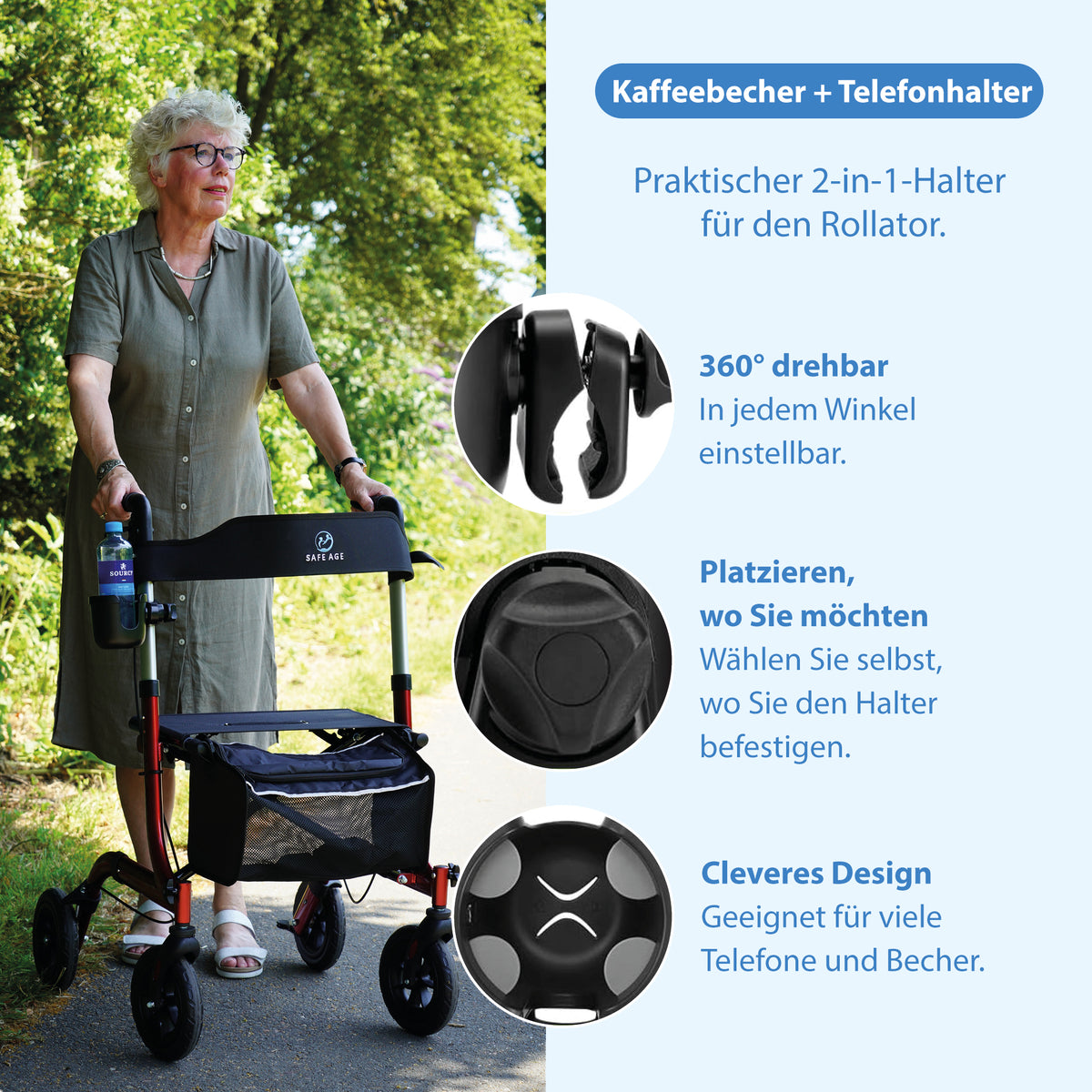 Becher- und Telefonhalter – für Rollator, Rollstuhl, Trolley, Kinderwagen & mehr