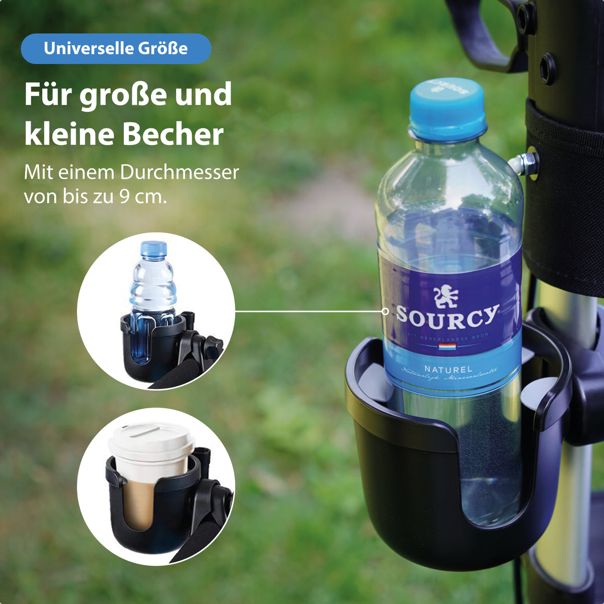 Becher- und Telefonhalter – für Rollator, Rollstuhl, Trolley, Kinderwagen & mehr