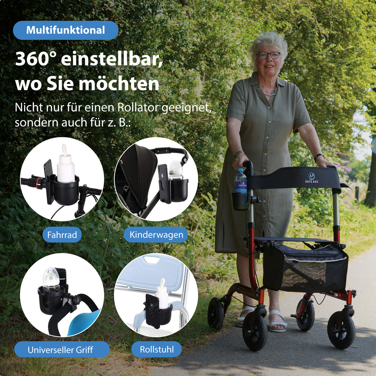 Becher- und Telefonhalter – für Rollator, Rollstuhl, Trolley, Kinderwagen & mehr