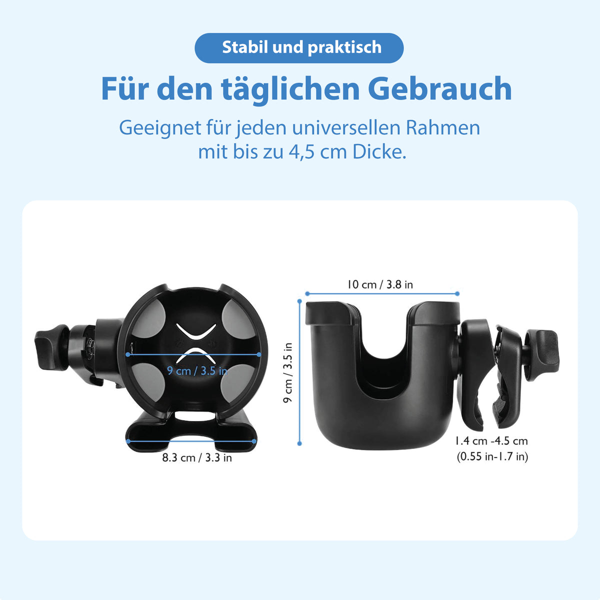 Becher- und Telefonhalter – für Rollator, Rollstuhl, Trolley, Kinderwagen & mehr