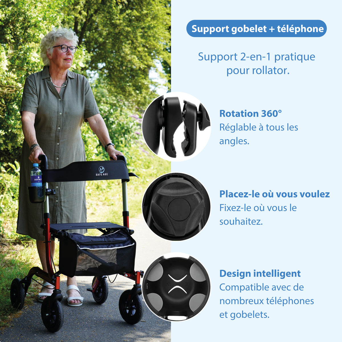 Porte-gobelet et porte-téléphone – pour rollator, fauteuil roulant, chariot, poussette & plus