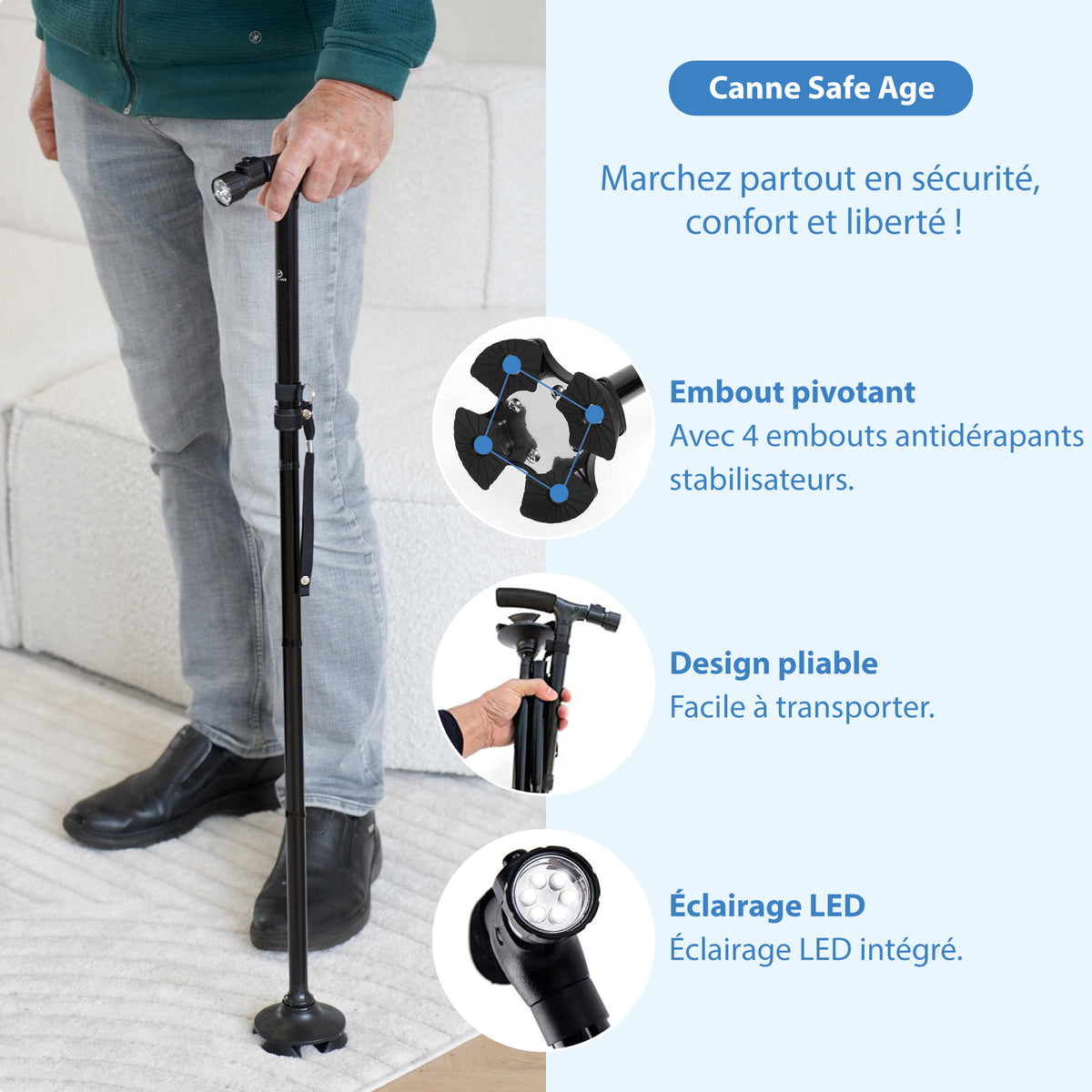 Canne de marche avec éclairage LED