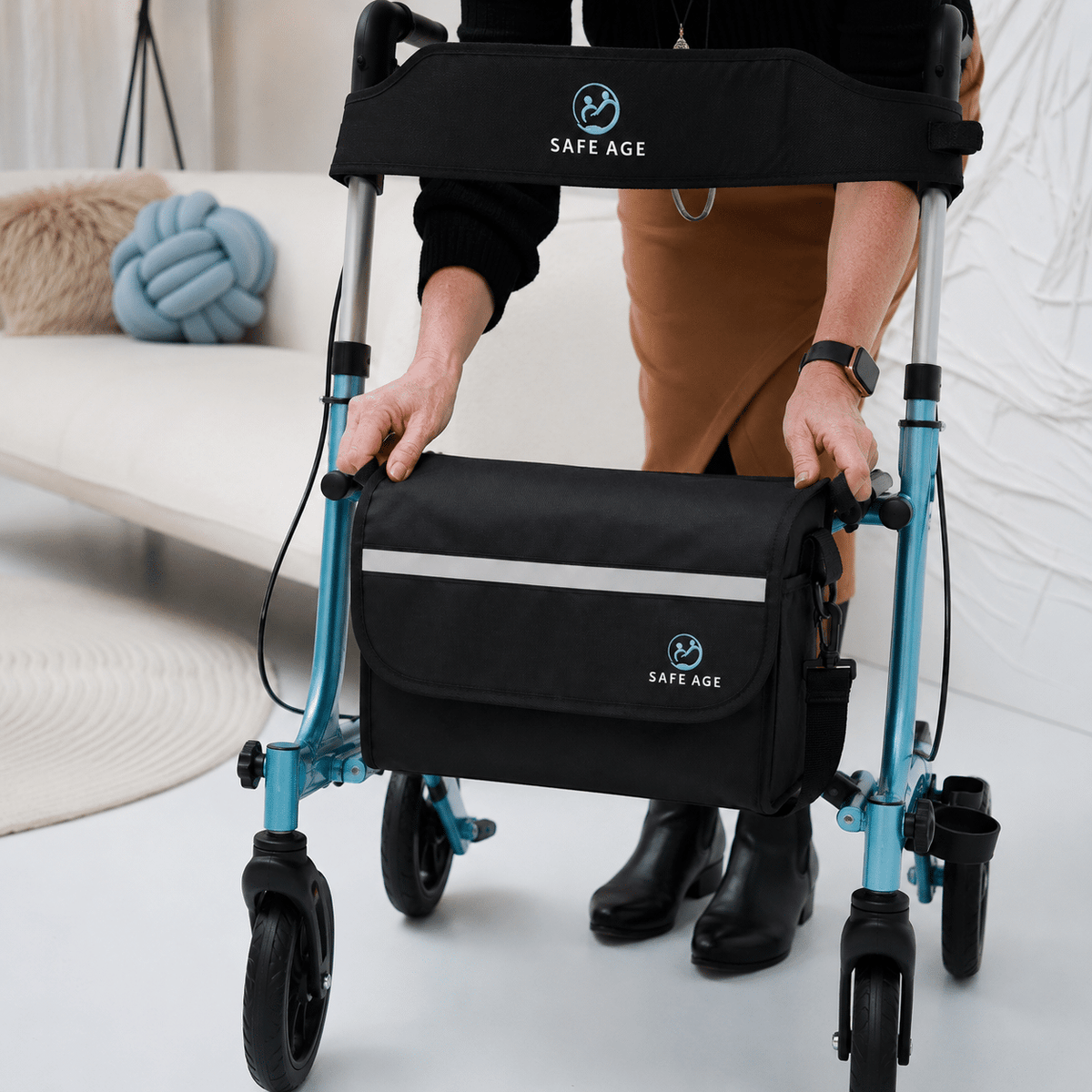 Sac de rollator de luxe - imperméable - amovible avec poignée - nylon - pour rollator Safe Age